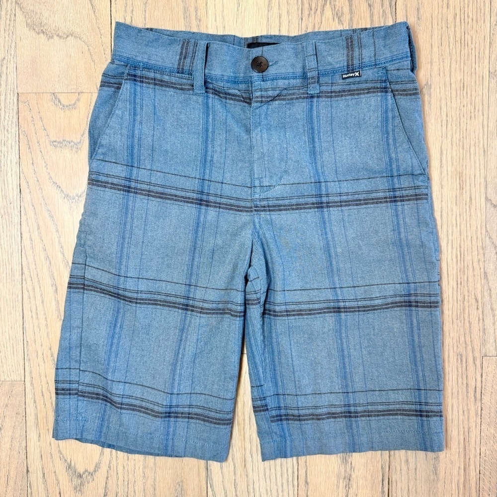 Hurley Boys Blue Plaid Flat Front Shorts Lightweight Casual Wear Size 8 / 26 - Picture 1 of 11